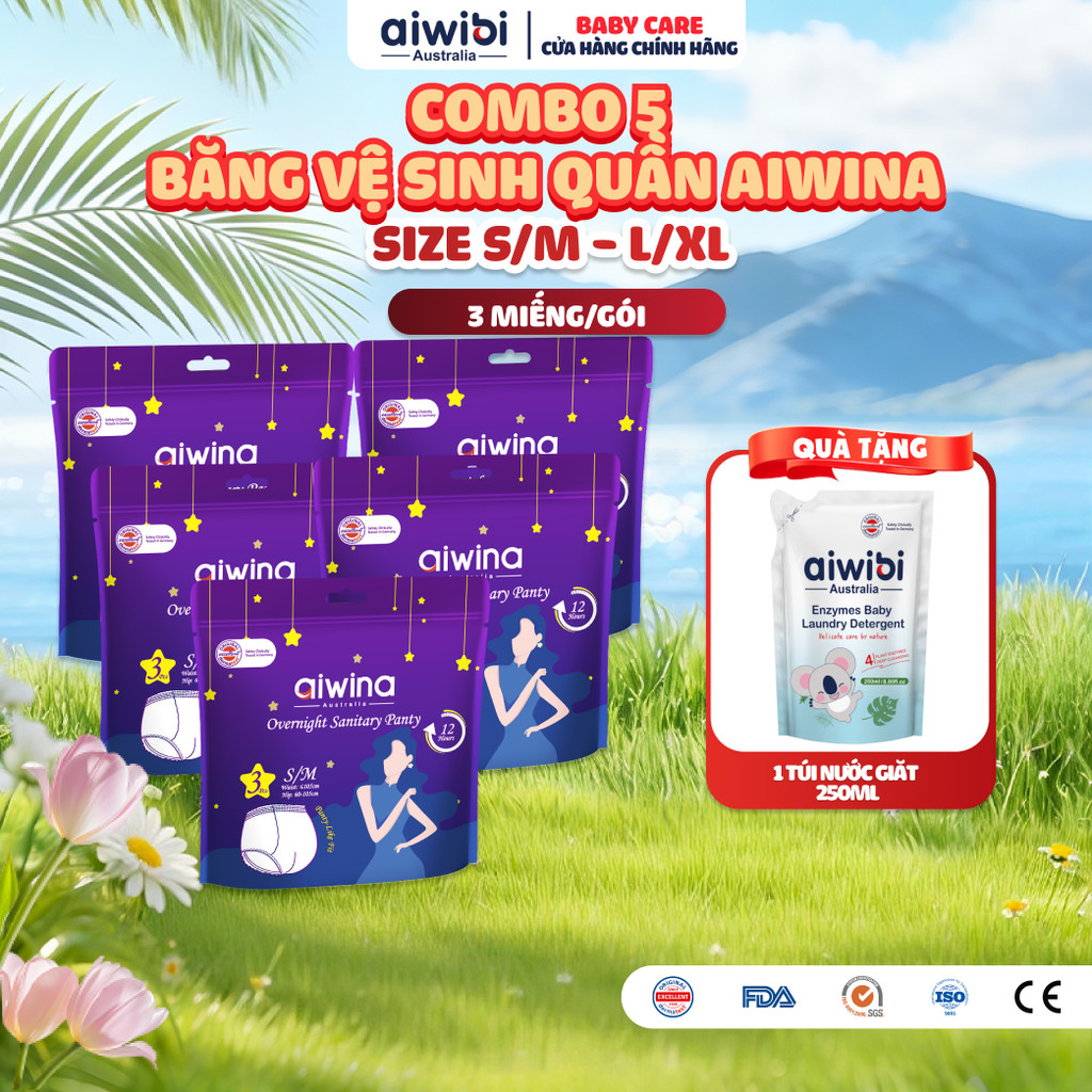 [COMBO 5] Băng vệ sinh quần Aiwina ngày và đêm size S/M/L/XL gói 3 miếng