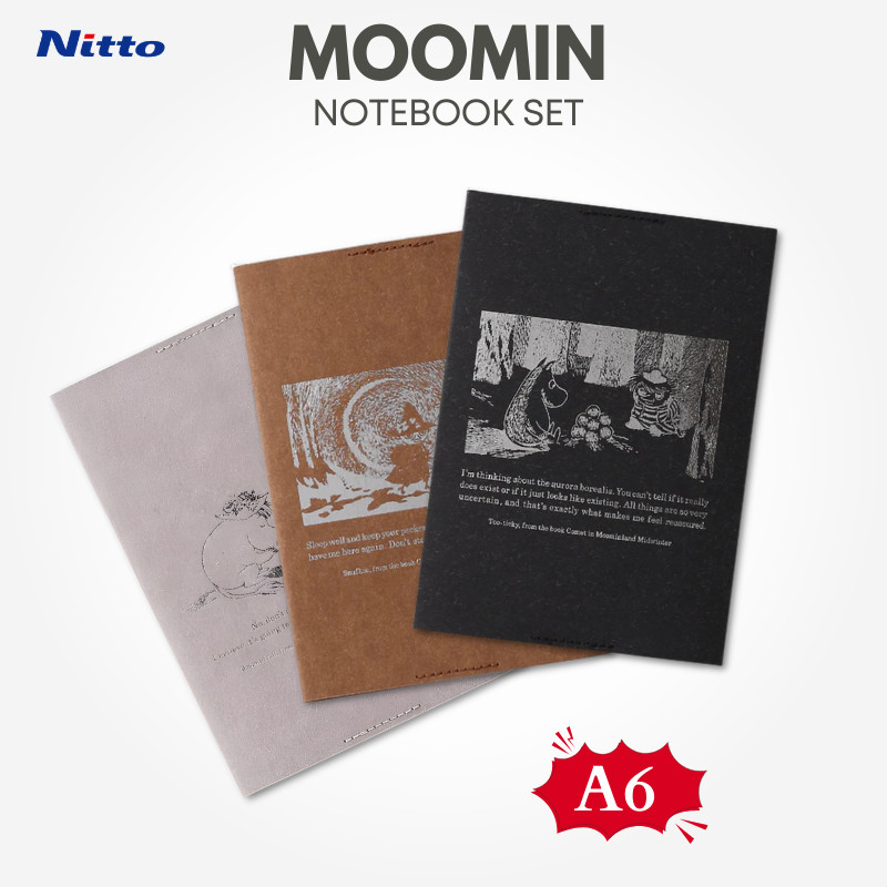 NITOMS STALOGY Moomin Notebook Cover & 1/2 Year Notebook Set A6 Grid (Red, Yellow, Blue)