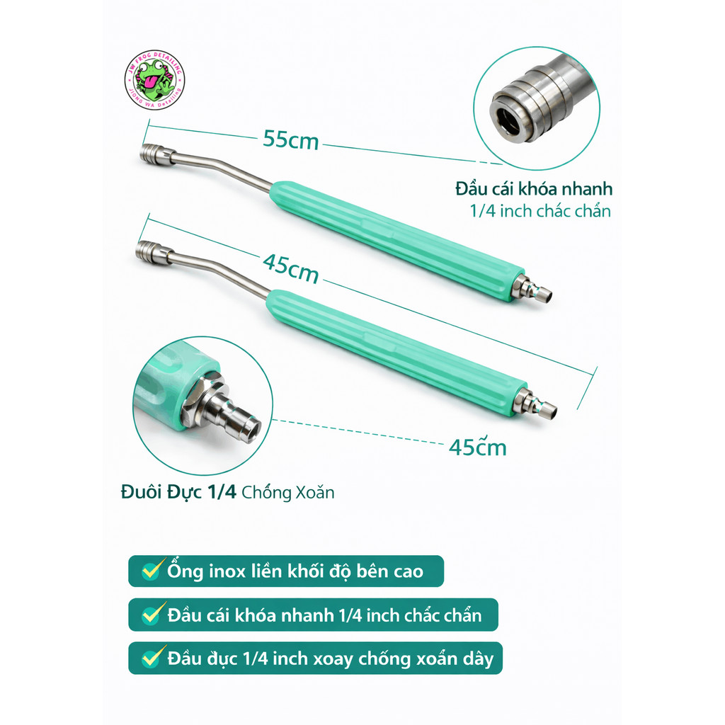 Thanh Nối S.úng Rửa Xe Inox Frog Detailing (Jiong Wa) 45cm / 55cm – Đầu Nối Nhanh 1/4, Tay Cầm Chống