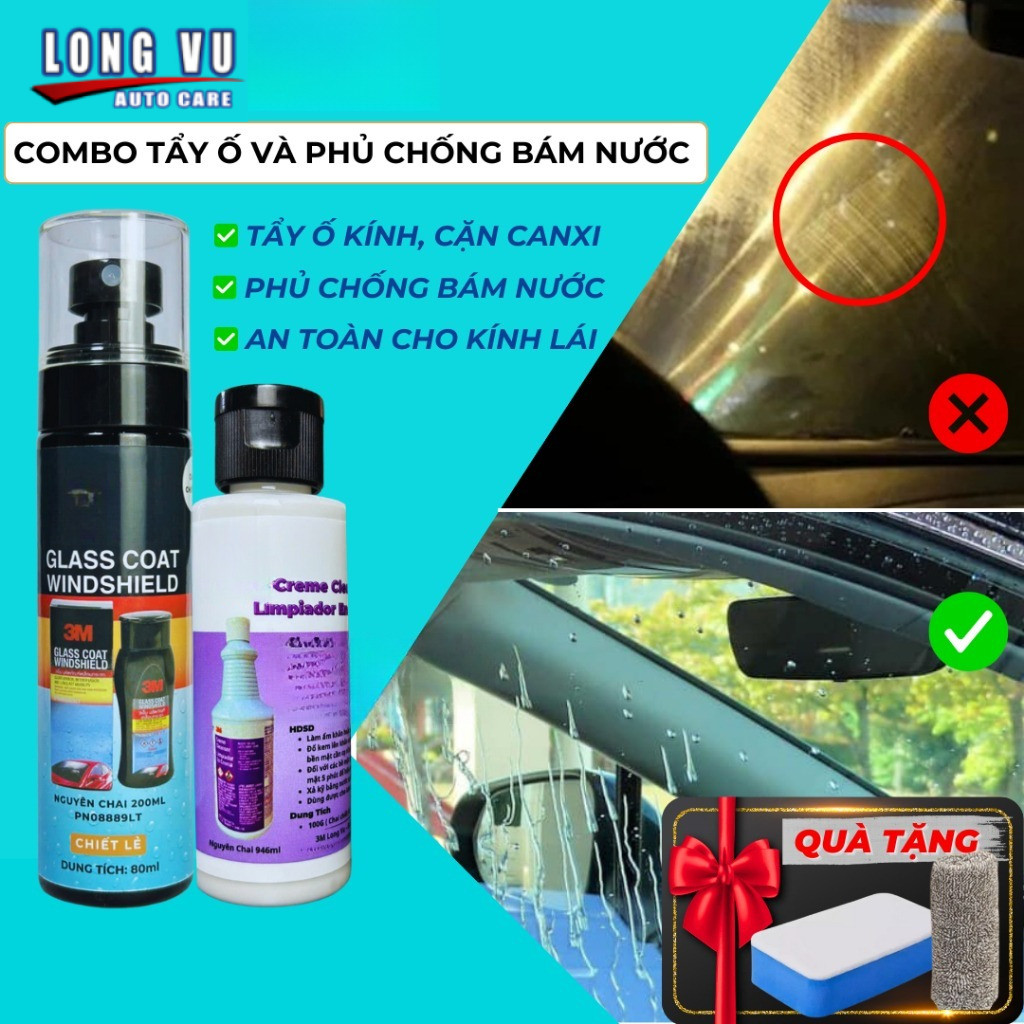 COMBO Chống bám nước trên kính xe 3M PN08889LT và Tẩy ố kính ô tô 3M