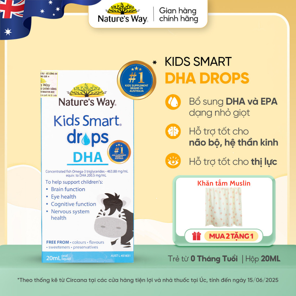 DHA Drops Nature's Way Kids Smart Bổ Sung Omega 3, DHA, EPA Hỗ Trợ Tốt Cho Não Bộ Và Mắt Cho Bé 20ml