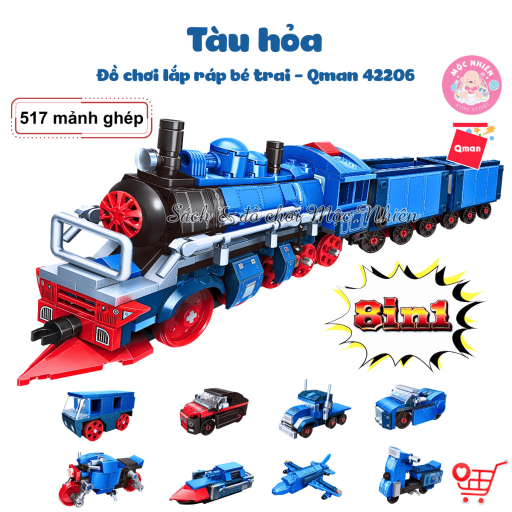 Đồ chơi lắp ráp Tàu hỏa hơi nước vintage màu xanh (517 mảnh ghép) - Xe lửa hơi nước Qman 42206