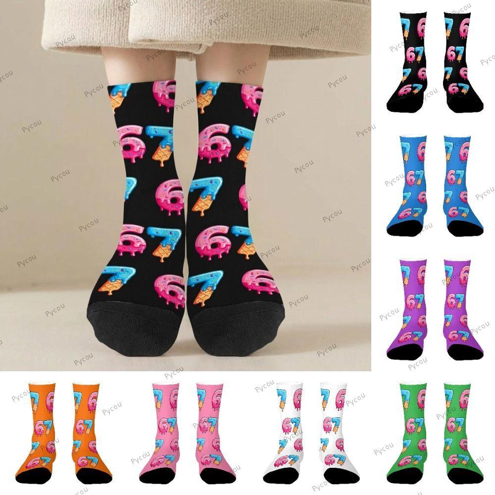 PYCOU 67 Meme Crew Tất Dài, Cotton Thoáng Khí 67 Meme Kem Tất, Hoạt Hình Nhẹ Vui Nhộn Ấm Áp Sáng Tạo