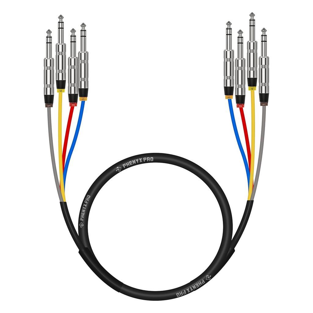 Cáp rắn TRS 4 kênh Phenyx Pro, Miếng dán mã màu w / 24 AWG OFC Copper, Cáp 3 Ft, Cáp âm thanh 1 / 4 