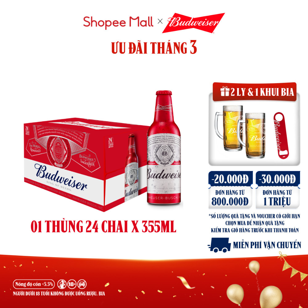 [ĐỘC QUYỀN LIVESTREAM] Thùng 24 Chai Aluminum Bia Budweiser Chính Hãng (355ml/ chai)