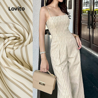 Áo liền quần Lovito kẻ sọc mềm mại thoải mái thanh lịch mùa xuân/hè màu kaki cho nữ L137ED394
