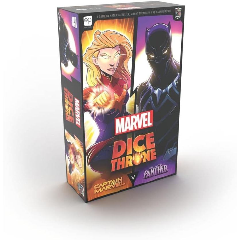 Ngôi báu xúc xắc Marvel USAOPOLY | Hộp 2 anh hùng có Captain Marvel, Black Panther | Trò chơi xúc xắ