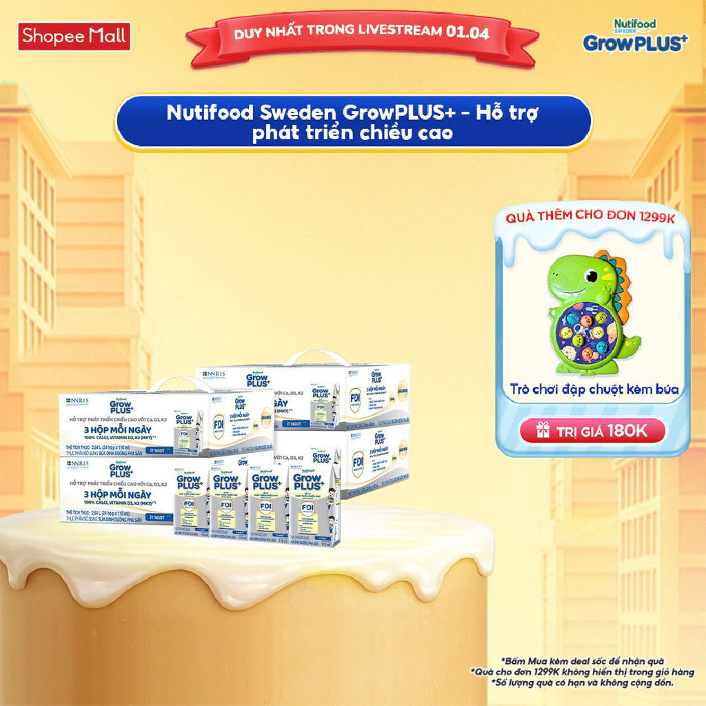 Combo 4 Thùng 24 hộp Sữa Bột Pha Sẵn Nutifood Sweden GrowPLUS+ Cao lớn vượt trội hộp 110 ml