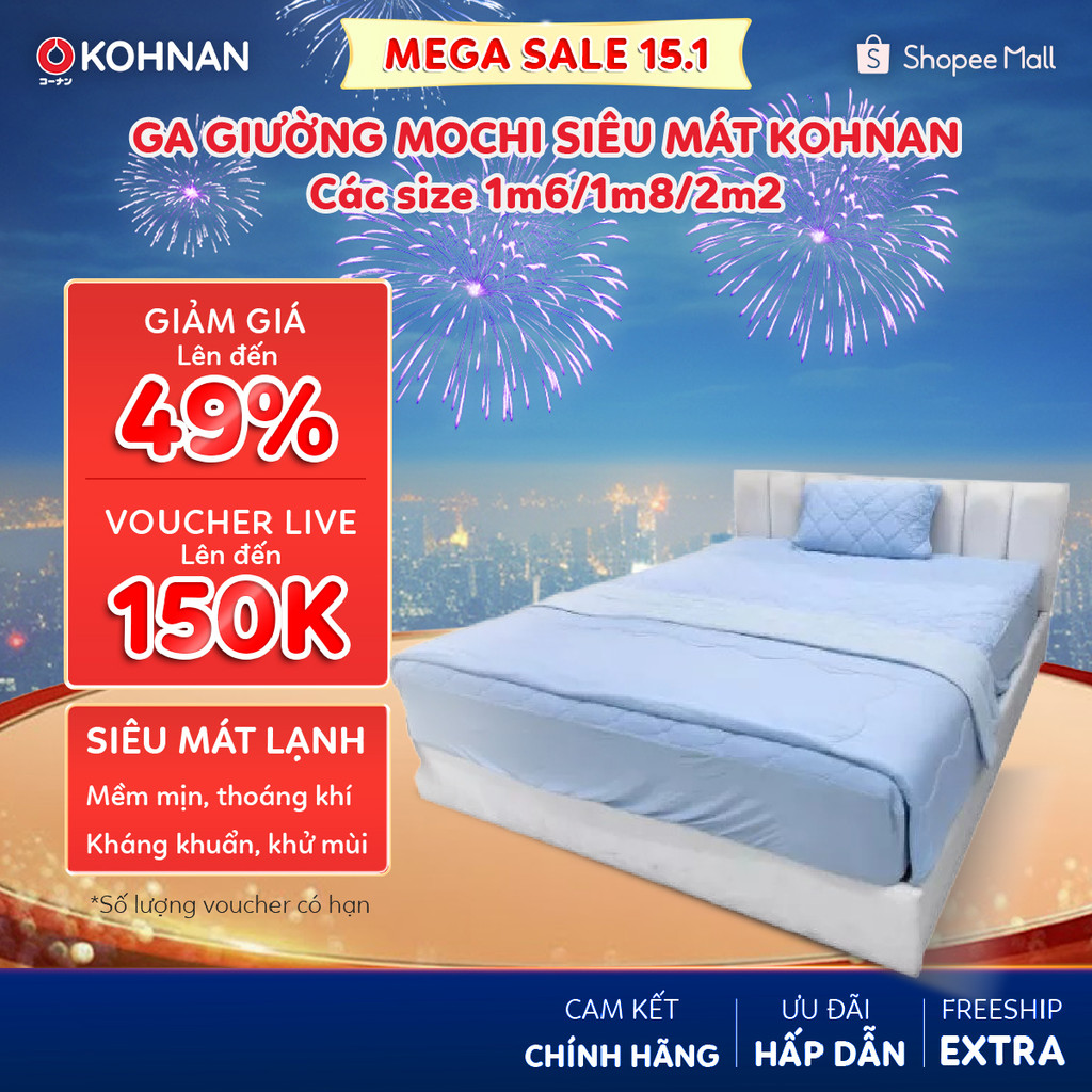 Ga giường mochi siêu mát KOHNAN bọc đệm dày, size Q/K/WK