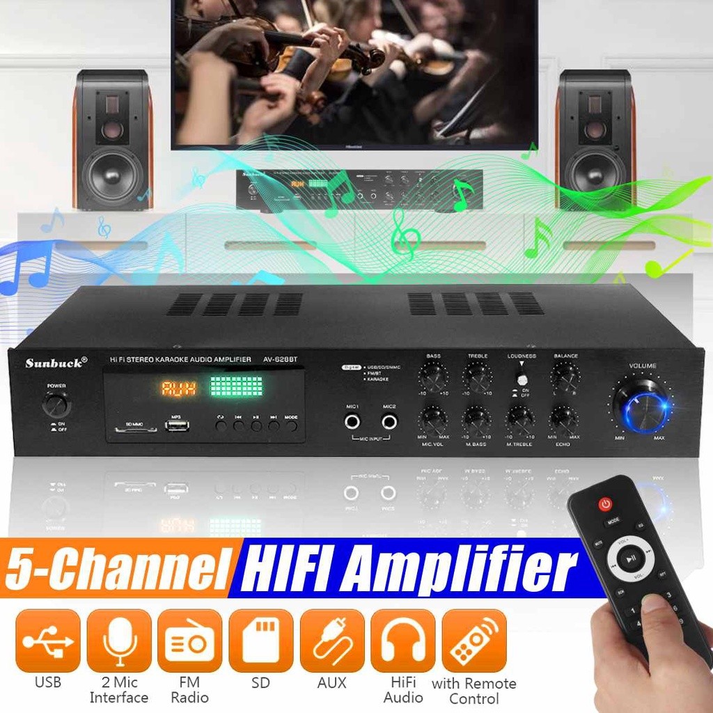 2000W WAV Power Amplifier - 5-Channel HIFI Audio Amplifier - Bluetooth Subwoofer Stereo Speaker