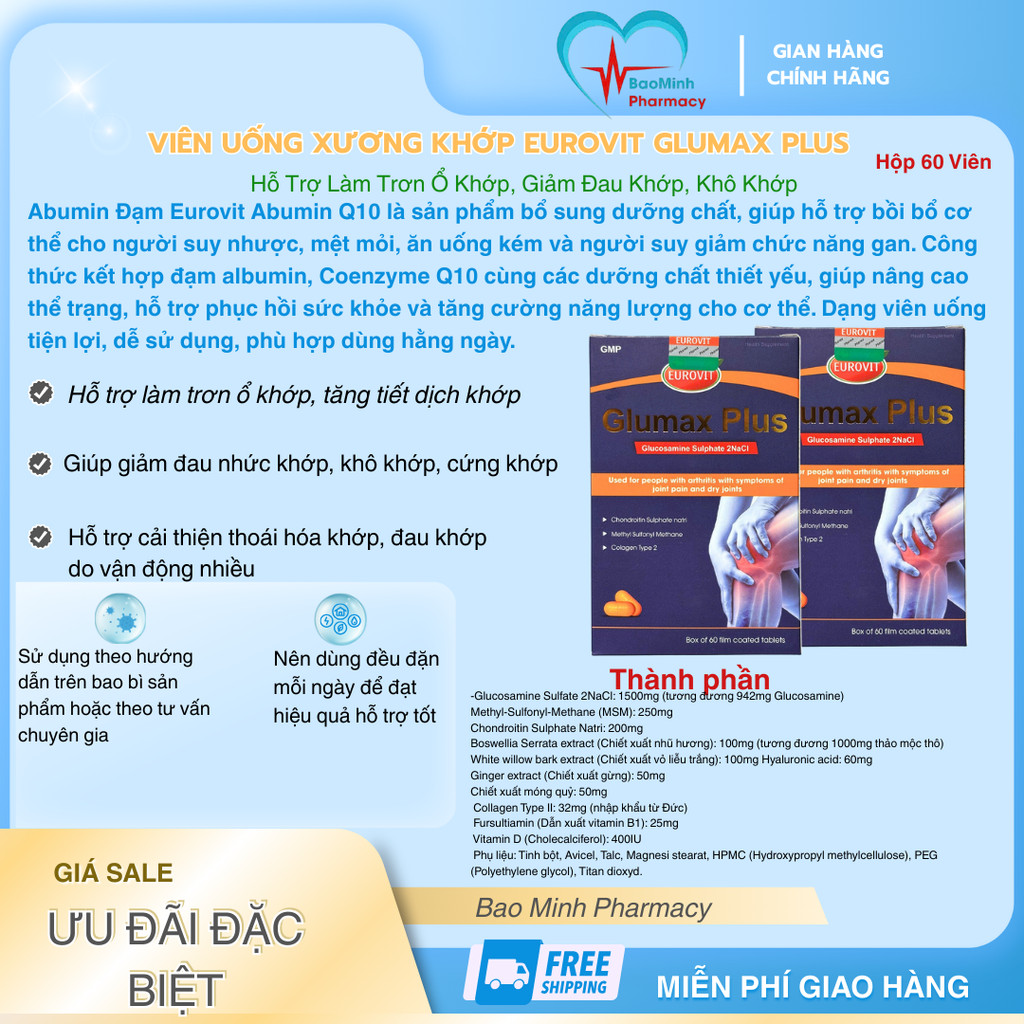 Viên Uống Xương Khớp Eurovit Glumax Plus | Hỗ Trợ Làm Trơn Ổ Khớp, Giảm Đau Khớp, Khô Khớp | Hộp 60 