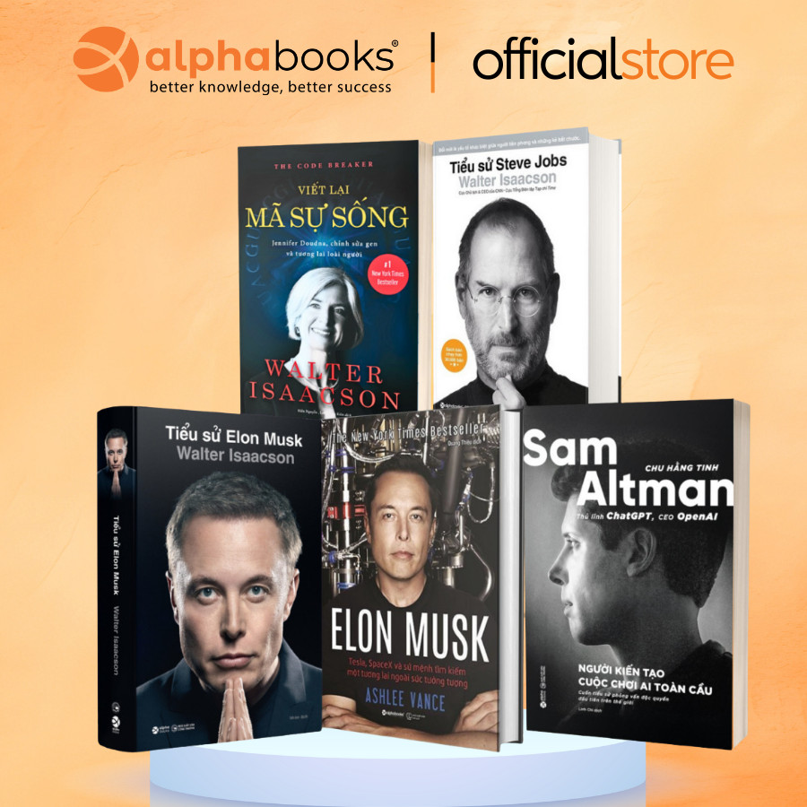 Sách - Lẻ/Combo 5 Cuốn: Tiểu Sử Elon Musk + Steve Jobs + Sam Altman + Viết Lại Mã Sự Sống (Alpha Boo