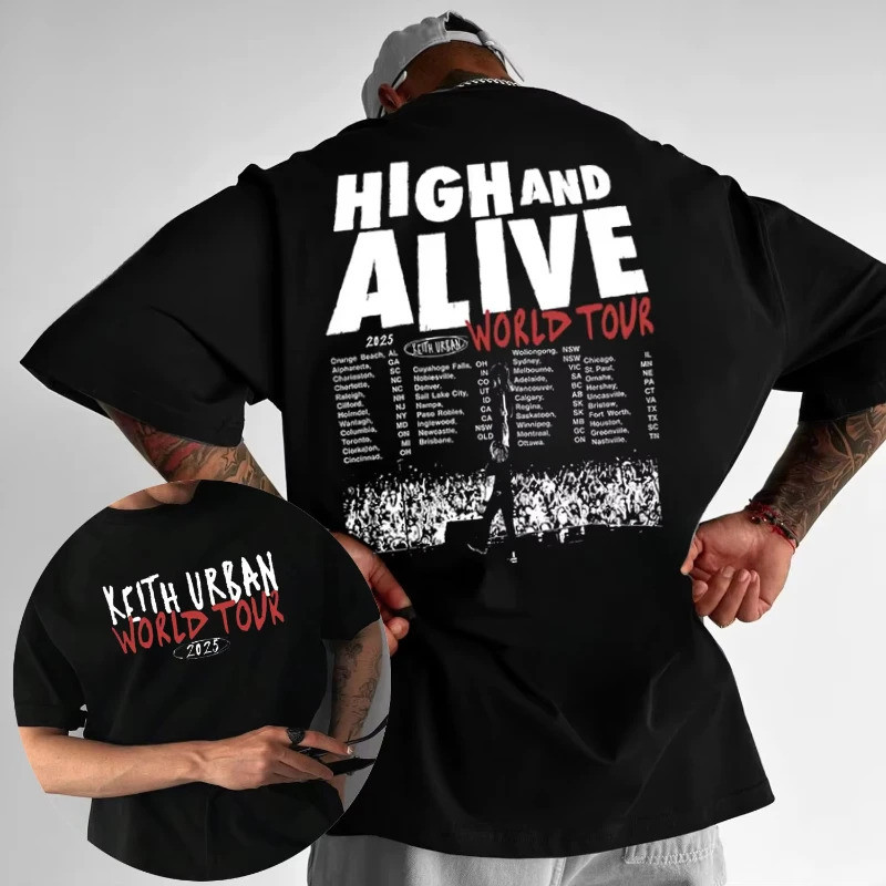 Áo thun Keith Urban Tour High and Alive World Nam Hip Hop Tay Ngắn Retro Rời Cotton