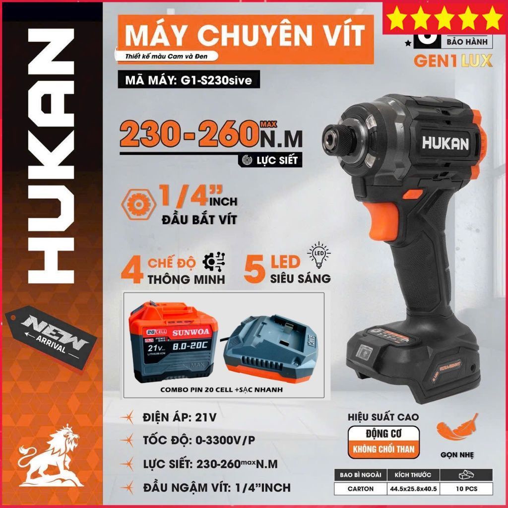 Máy chuyên vít pin HUKAN G1-S230sive, Lực siết 230-260Nm, 4 Chế độ thông minh, 5 đèn LED, Chính hãng