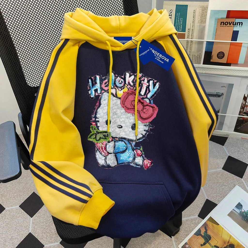 Áo khoác có mũ Hello Kitty ba sọc cho nữ, dáng rộng, lót lông, áo Hello Kitty mùa thu