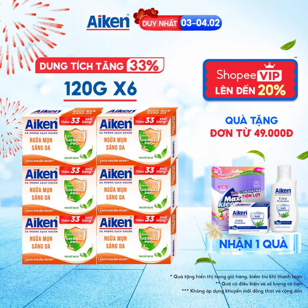 [TĂNG 33% DUNG TÍCH] Combo 6 Xà phòng Aiken sạch khuẩn Ngừa Mụn Sáng Da chiết xuất Bạc Hà (120g x 6)