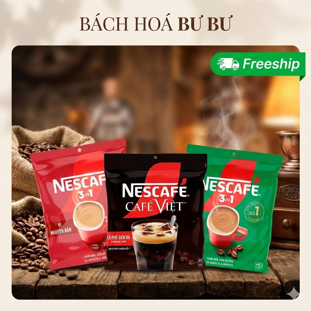 Cà phê Nescafe bịch 46 gói 3 vị đỏ/xanh lá/đen đá date xa