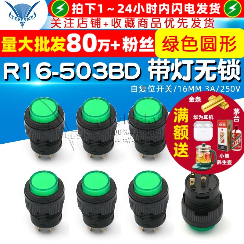 R16-503BD Có Đèn Không Khóa / Công Tắc Tự Cài Lại / Tròn Xanh 16MM 3A / 250V