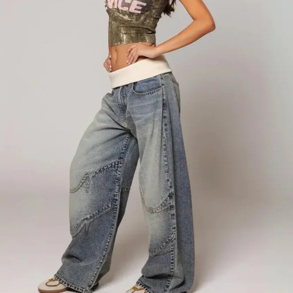 Quần jean waist flip retro màu xanh cho nữ, style y2k