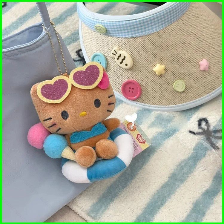 SS Sanrio Hello Kitty Plushie Hawaii Lông Đen Sang Trọng Móc Khóa Túi Quyến Rũ