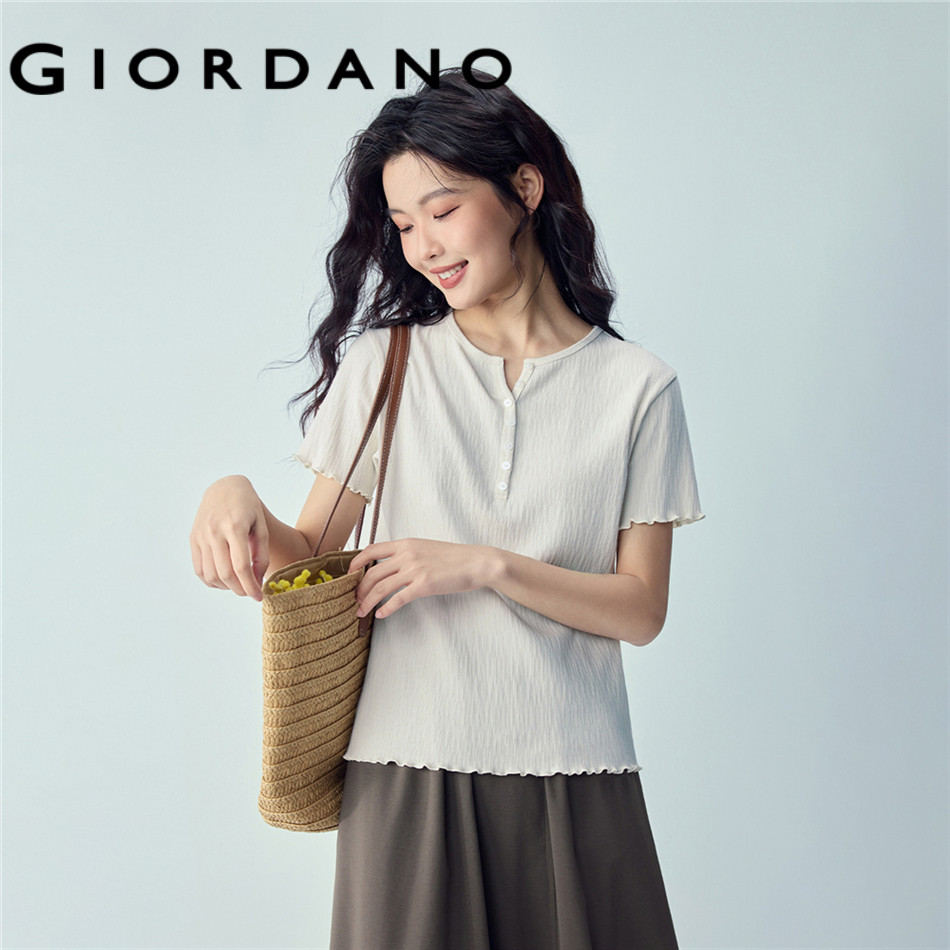 GIORDANO WOMEN Lettuce edge notch neck short sleeve crinkle tee 05326402