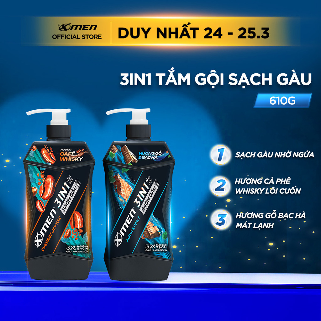 [MỚI] Tắm Gội Sạch Gàu 3in1 Xmen Everest Coffee & Aquaport 610g, Tác Động 3X Sạch Gàu Nhờn Ngứa,Mùi Hương Nam Tính S