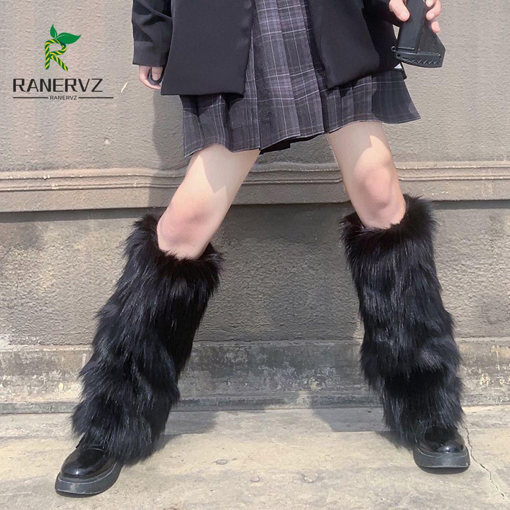 RANERVZ Fake Fur Leg Warmers JK Style Gothic Knee-High Socks with Clip-On Earrings