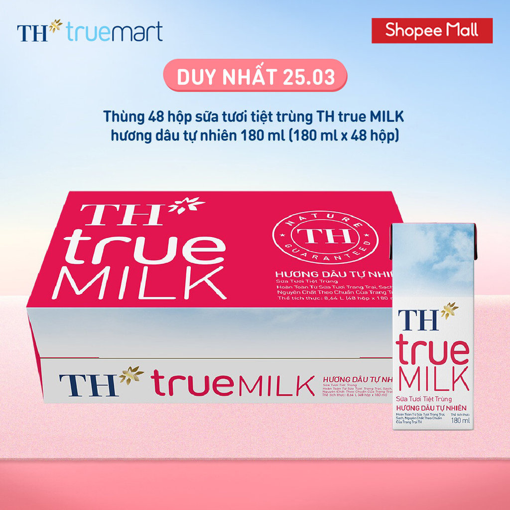 Thùng 48 hộp sữa tươi tiệt trùng TH true MILK hương dâu tự nhiên 180 ml (180 ml x 48)