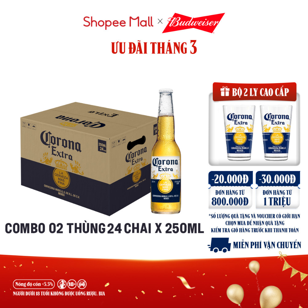 [ĐỘC QUYỀN LIVESTREAM] Combo 2 Thùng Bia Corona-Extra nhập khẩu thùng 24 chai (250ml/chai)