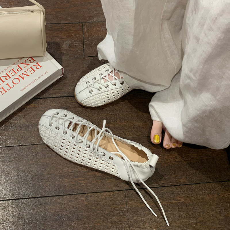 Sheepskin Version~Retro-style hollow-out woven lace-up Mary Jane shoes for women, elegant flat balle