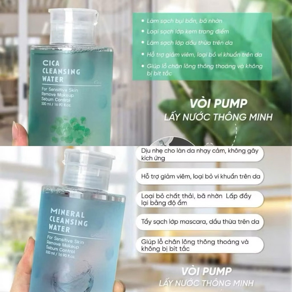 Nước Tẩy Trang Cleansing Water Mineral Và CiCa Masilraon Dịu Nhẹ, Kiểm Soát Dầu 500ml - Jron Beauty