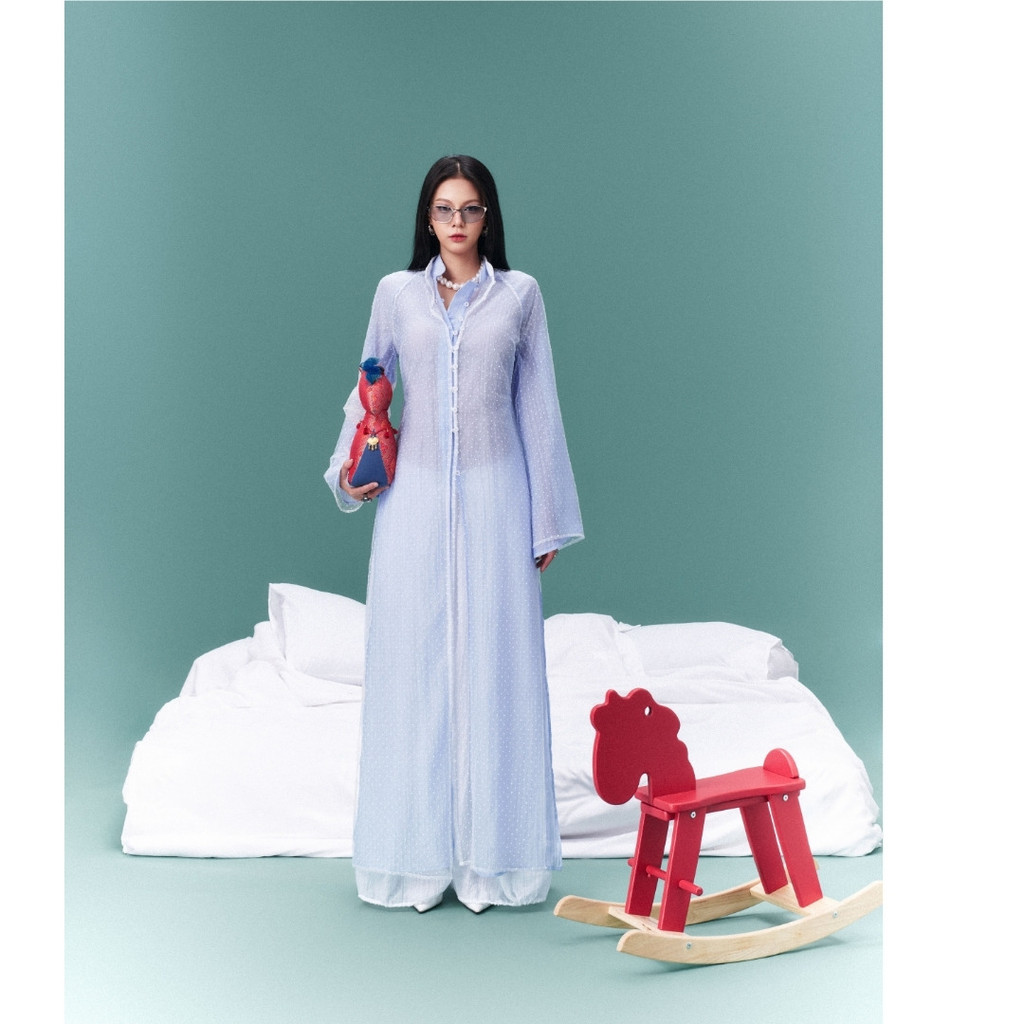 So Dópe.Club - Áo tà dài xuyên thấu Sheer Polka, Áo tà dài xanh nhạt Blue Eden và quần dài ống rộng 