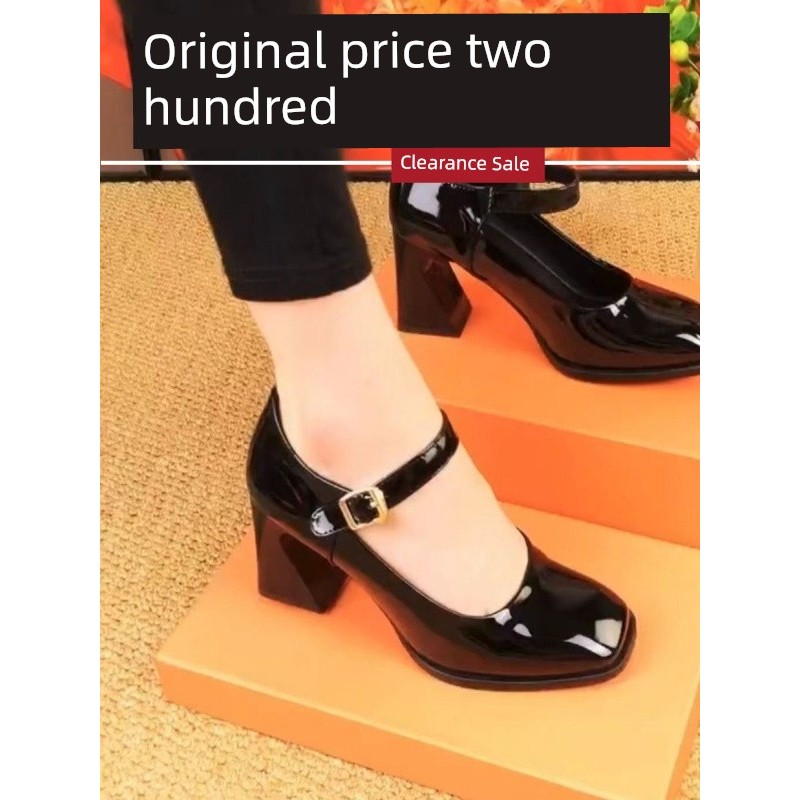 cao gót 3 phân cao gót Giày nữ Dadongniu giày một lớp miệng nông da thật giày cao gót mũi vuông da b