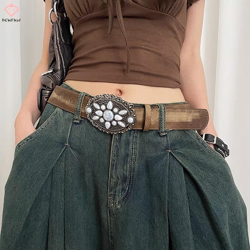 [PCW-T] Thắt lưng đá trắng cổ điển Thắt lưng hoa khắc Thắt lưng da nổi Boho Thắt lưng phương Tây Thắ