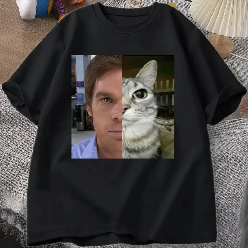 Dexter Morgan Cat Áo Thun Nữ Tay Ngắn Cổ Tròn Ngộ nghĩnh Dạo Phố Unisex Bông Tai Kẹp In