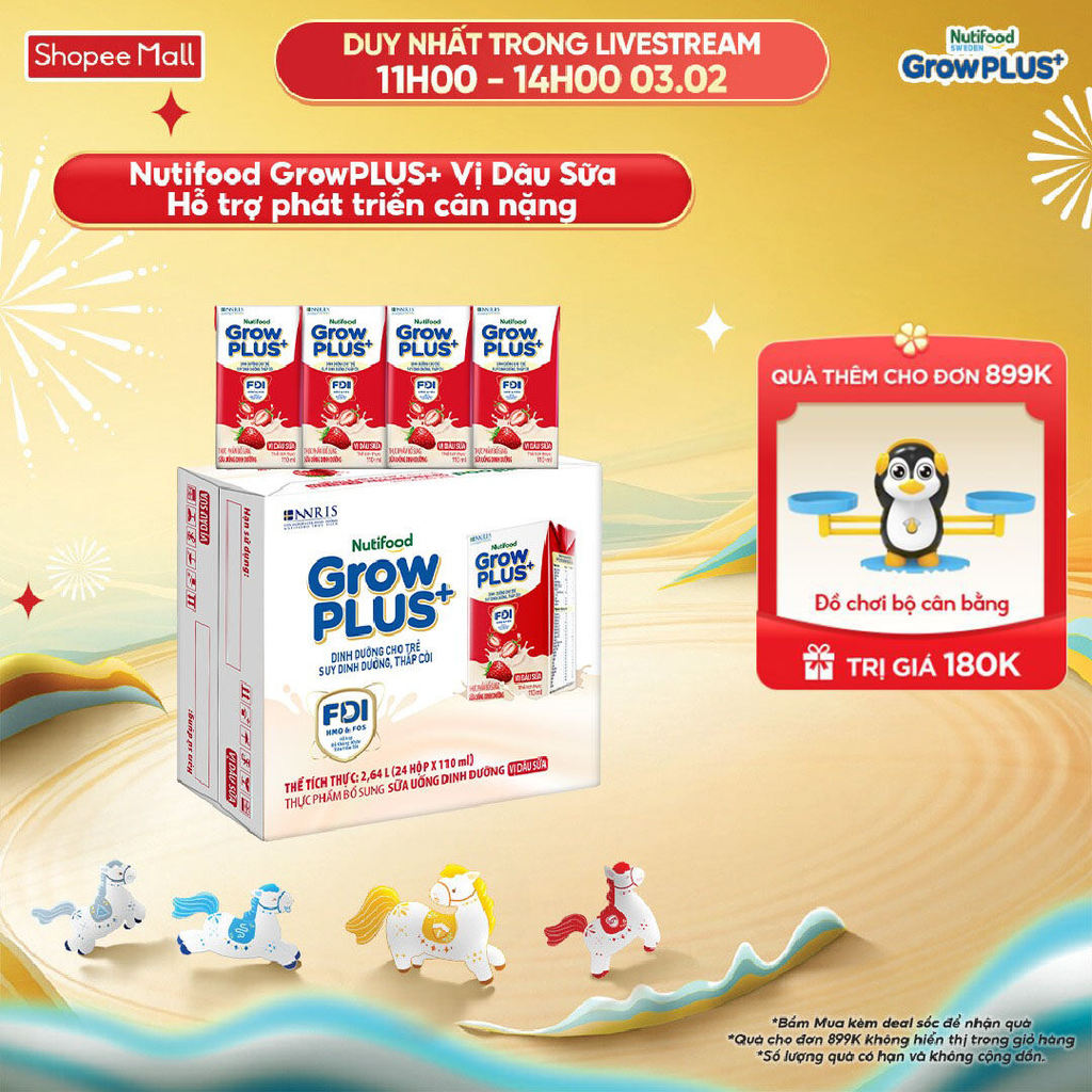 Thùng 24 hộp Sữa bột pha sẵn Nutifood GrowPLUS+ Vị Dâu hộp 110ml - Trên 1 tuổi (24 hộp x 110ml)