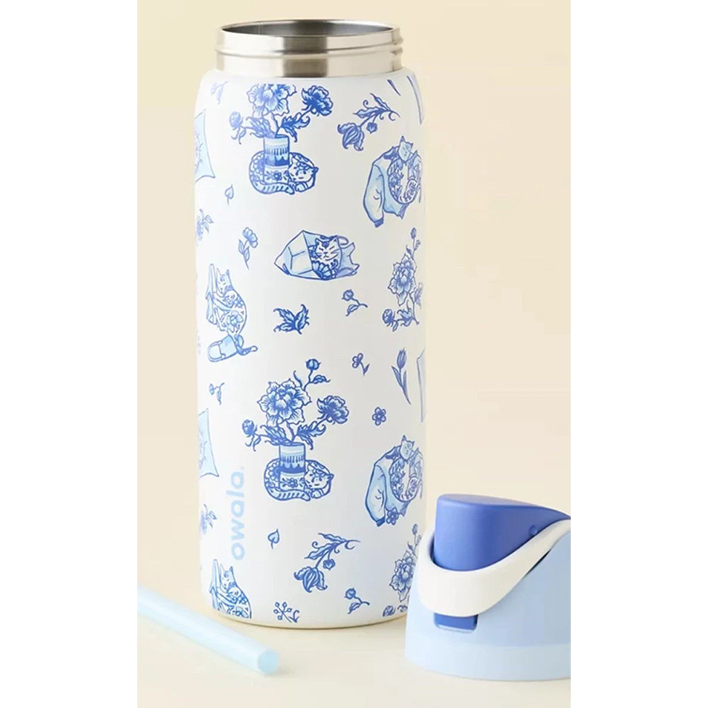 Owala FreeSip Water Bottle 32oz Insulated Stainless Steel Tumbler  Delft Cat