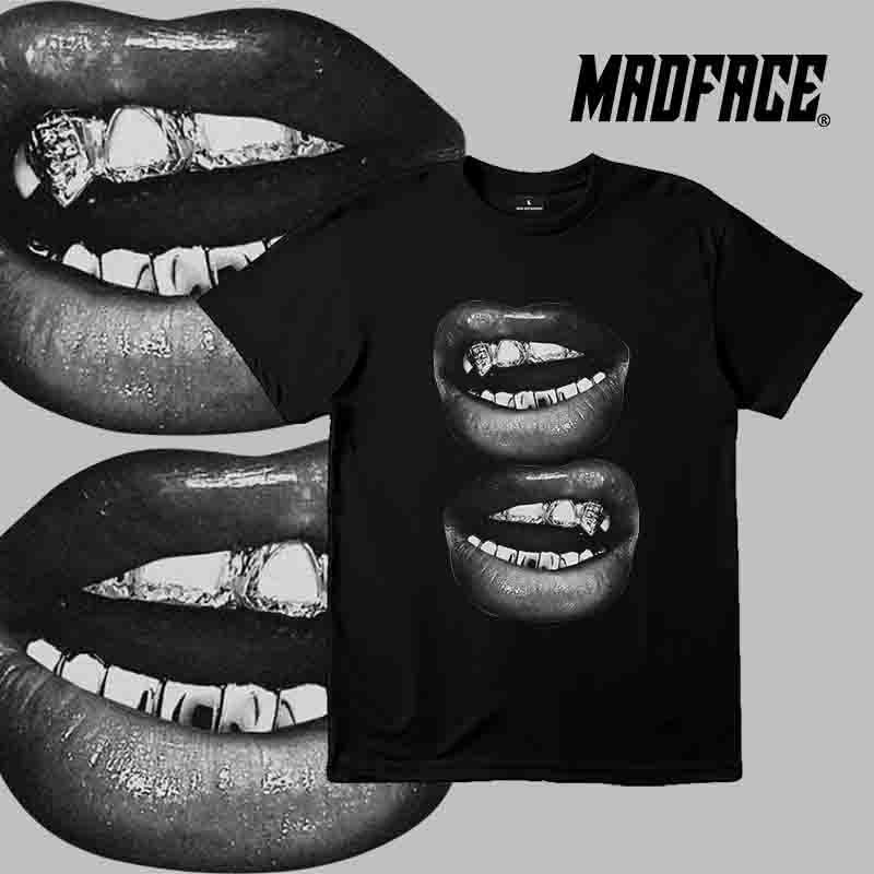MADFACE- Double Grillz T-Shirt Pria Cetak Kpop Print T-Shirt Kaos Band T-Shirt Pria Cetak Kpop Print