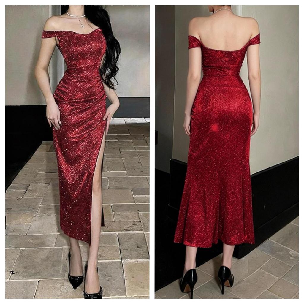 Đầm Dài Tiệc Nữ Sang Trọng Off Shoulder Cocktail Dress Dạ Hội Cho Tiệc Cưới Chất Lượng Cao Mới red Đ