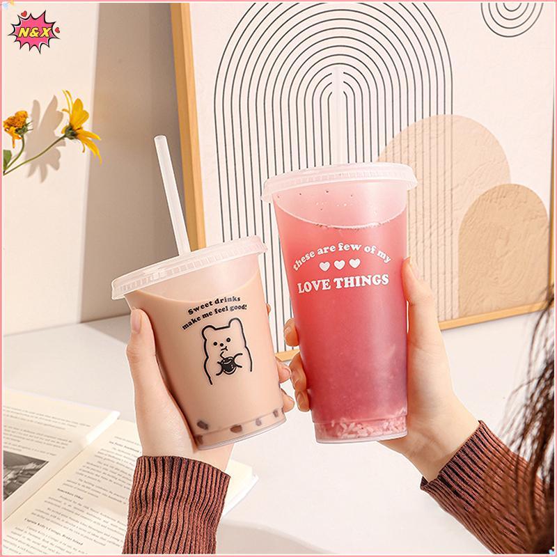 N & X Kawaii Bình Nước Cho Cà Phê Nước Trà Sữa Nhựa Dễ Thương Lạnh Có Nắp Ống Hút Di Động Có Thể Tái