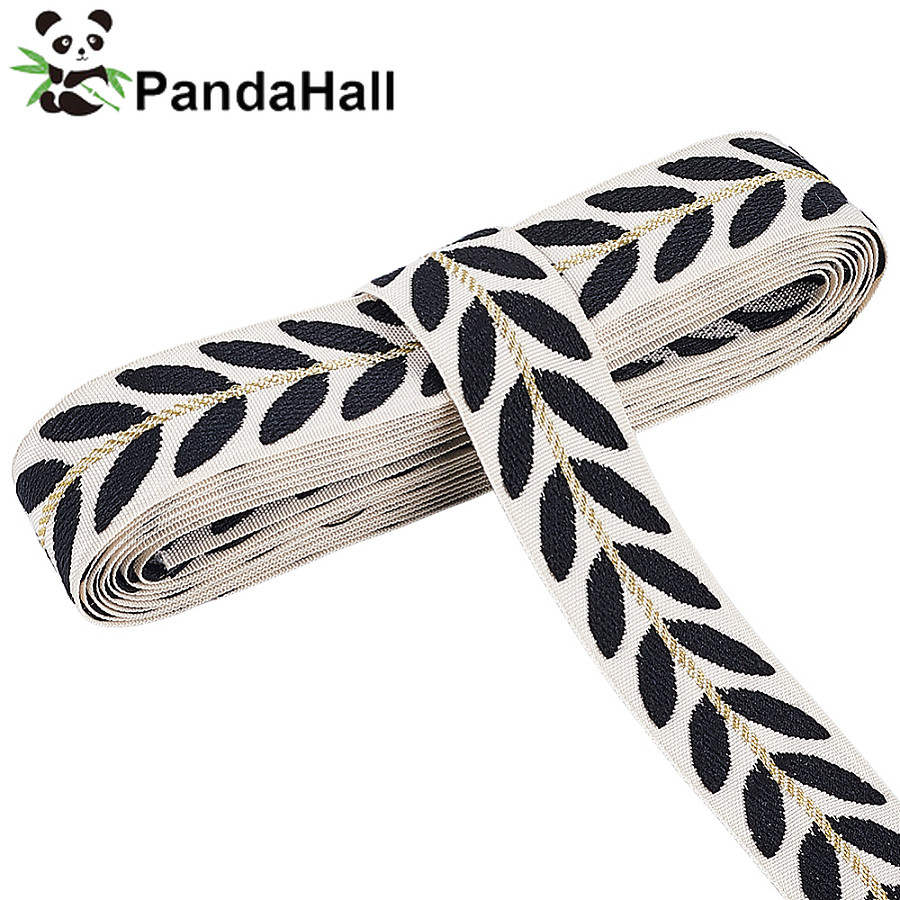 Ruy băng họa tiết lá jacquard polyester đen, rộng 1 inches (25,5 mm), khoảng 3 thước yđ (2,74 mét)