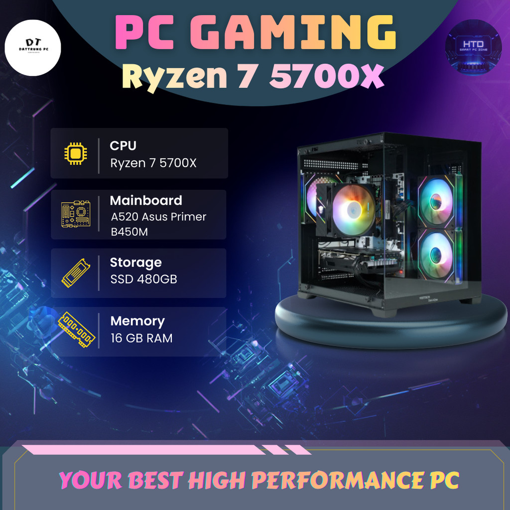 PC Gaming Ryzen 7 5700X 🔥 Main ASUS PRIME A520/B450M 🧩 RAM 16GB 🚀 SSD 480GB 💾 ⚡ Chiến Game Nặng, Làm