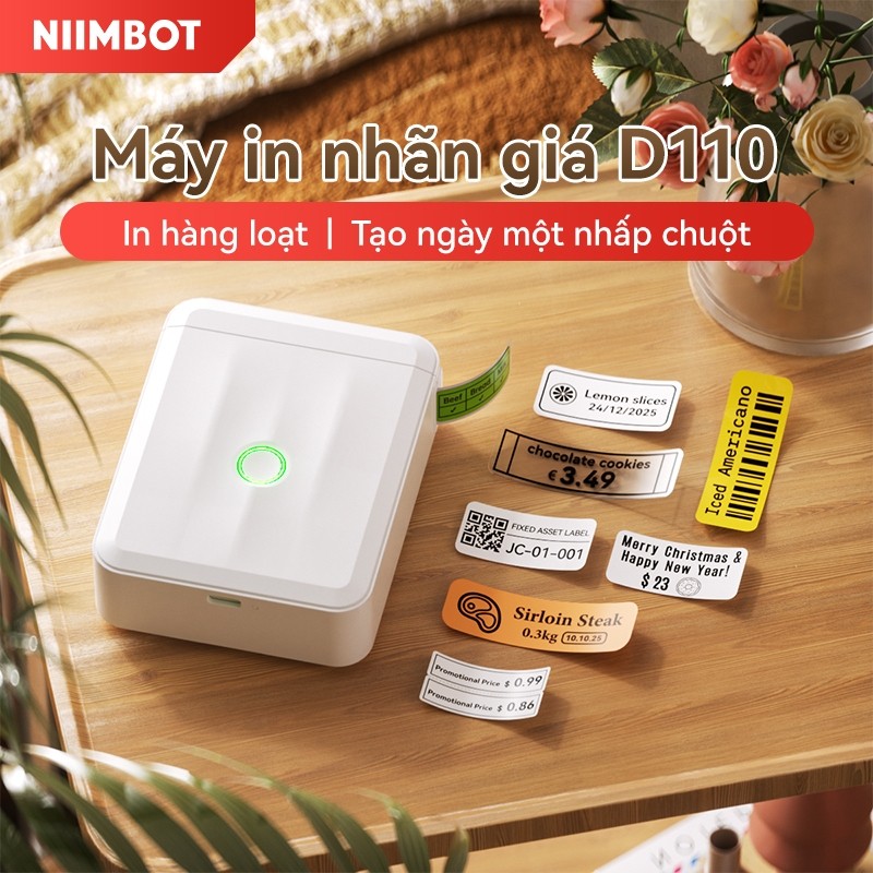Niimbot D110 Máy in nhãn mini, có sẵn keo, kết nối Bluetooth, chuyên in ngày sản xuất thực phẩm