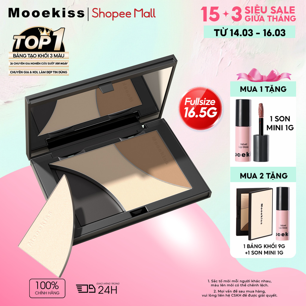 [Live] Bảng tạo khối Mooekiss 3 màu tích hợp highlight, hỗ trợ tạo khối mũi và gò má 16.5g
