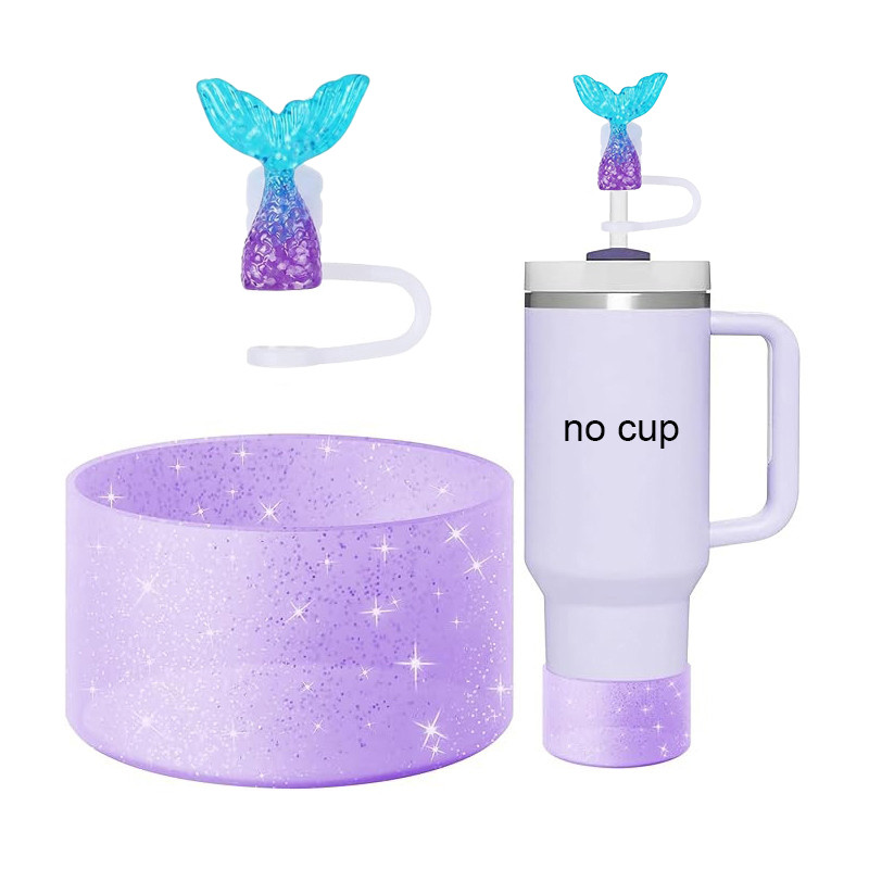 2 Cái / bộ Phụ Kiện Stanley Cup - Siliocne Cup Boot & Nàng Tiên Cá Rơm Bao Topper Cho Stanley Cup 40