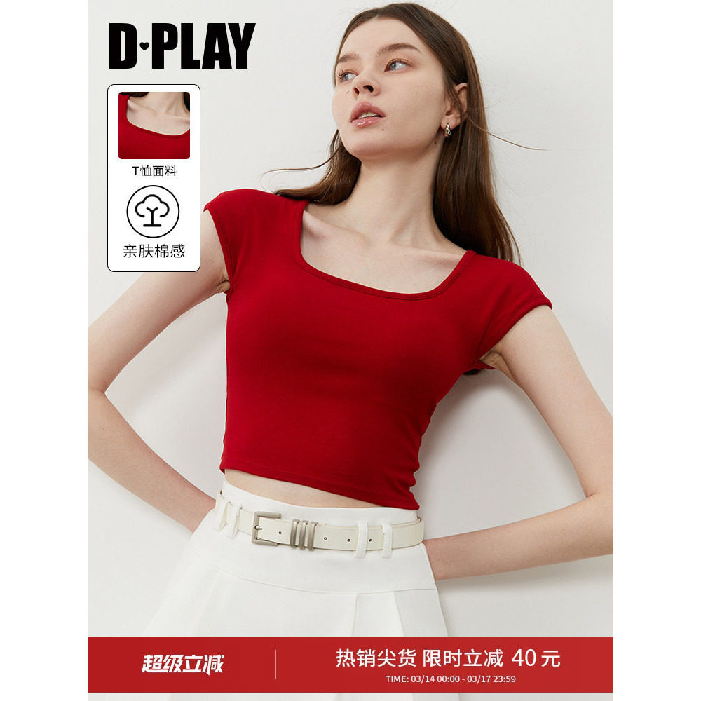 DPLAY2025 Áo Thun Cổ Vuông Độc Đáo Màu Đỏ Cho Nữ, Thiết Kế Slim Fit, Mùa Hè