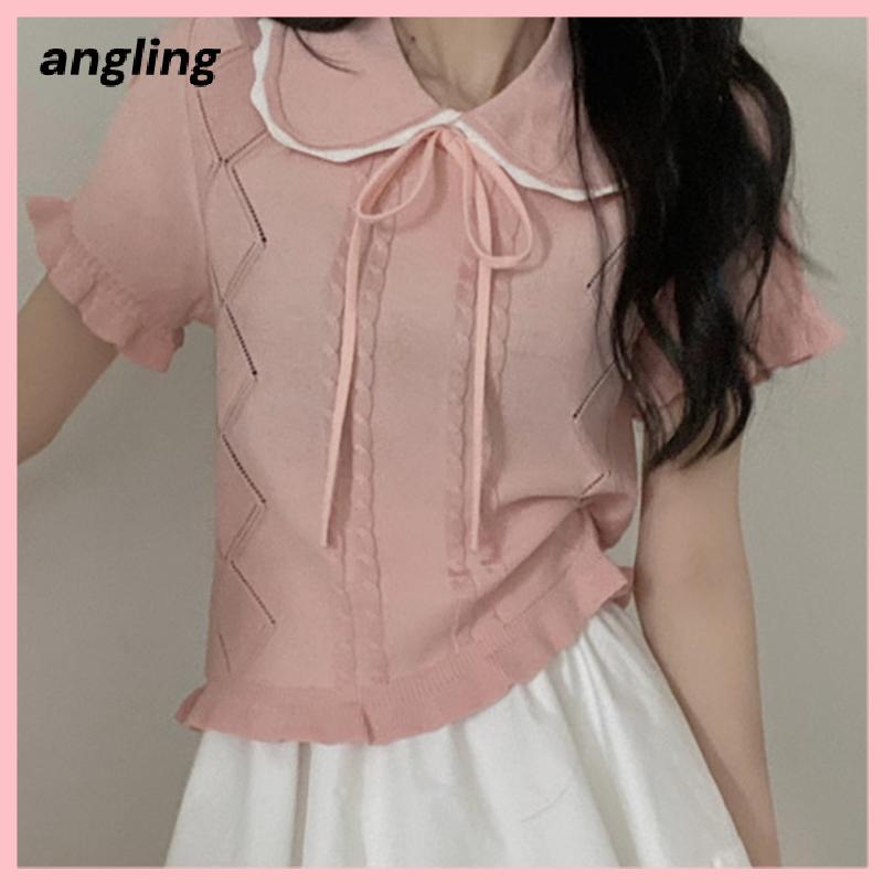 Ao Thun Phong Cách Hàn Quốc Cổ Búp Bê Tay Ngắn Nơ Xinh Sweet Mùa Hè