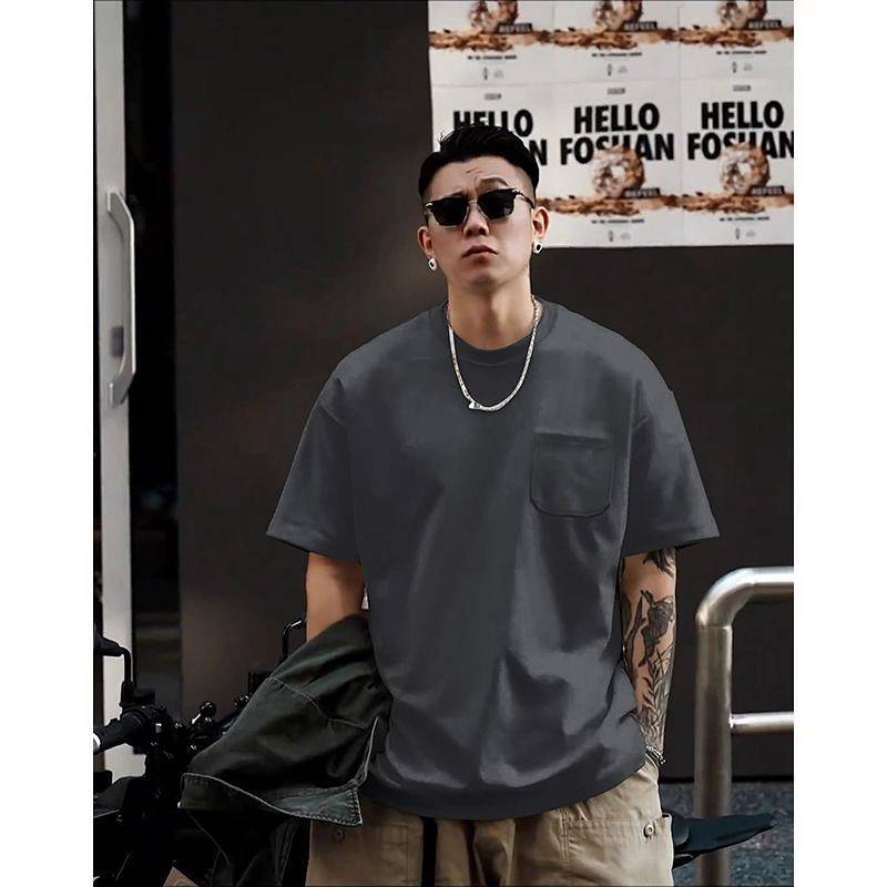 Pocket Short-Sleeved T-shirt Men's Summer American Retro Shoulder Solid Color Bottoming Shirt Men's 