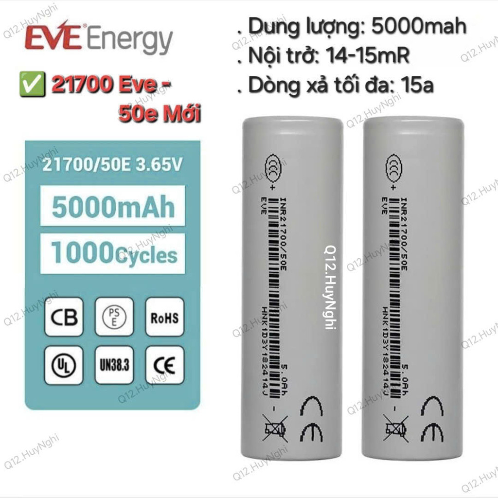 21700 EVE 50E Mới, Dung lượng 5000mah, Nội Trở: 14-15mR, dòng xả tối đa: 15a