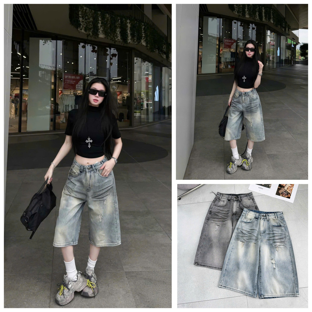 [Follow shop nhận mã 10k] Quần ngố jeans denim mài loang vệt Meo Meo Shop QCCC QCL1 QS0619 3263